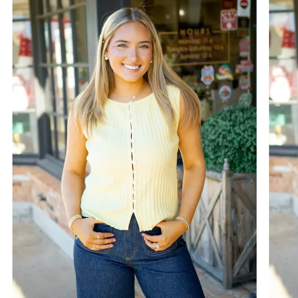 Free People Pale Yellow Ribbed Button-Front Tank - Picture 5 of 8